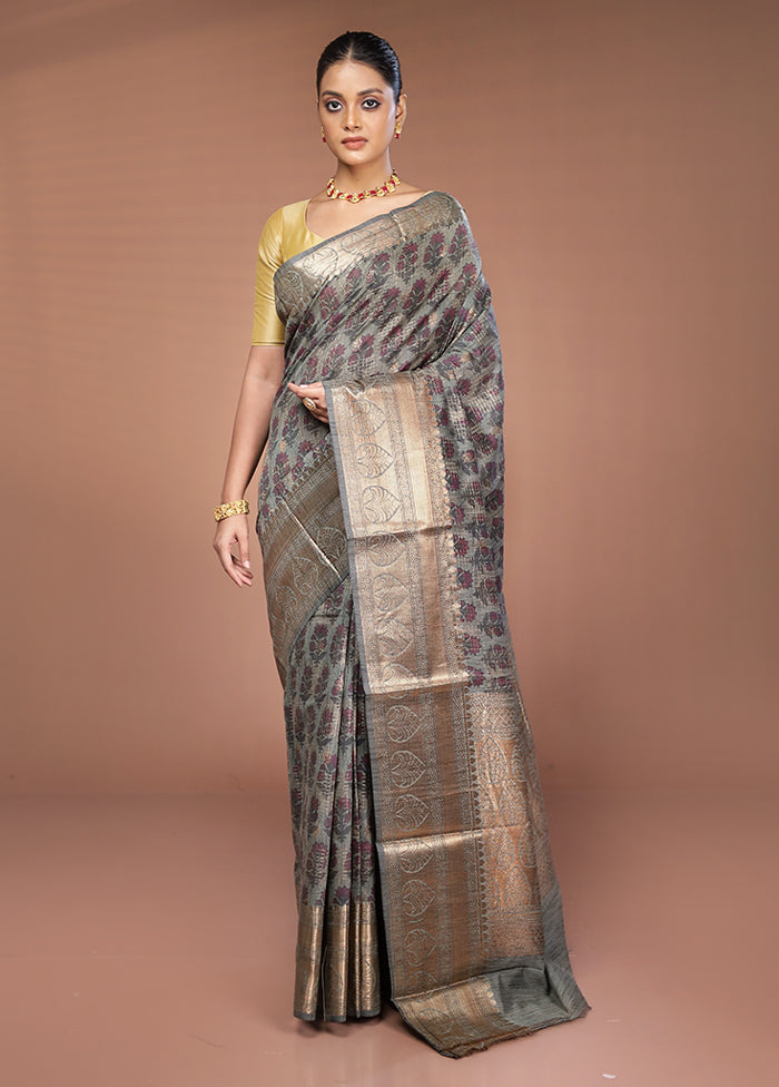 Grey Tussar Silk Saree With Blouse Piece