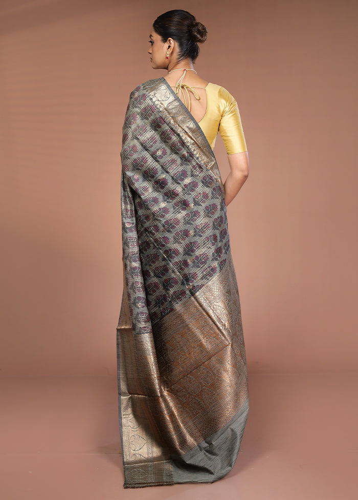 Grey Tussar Silk Saree With Blouse Piece
