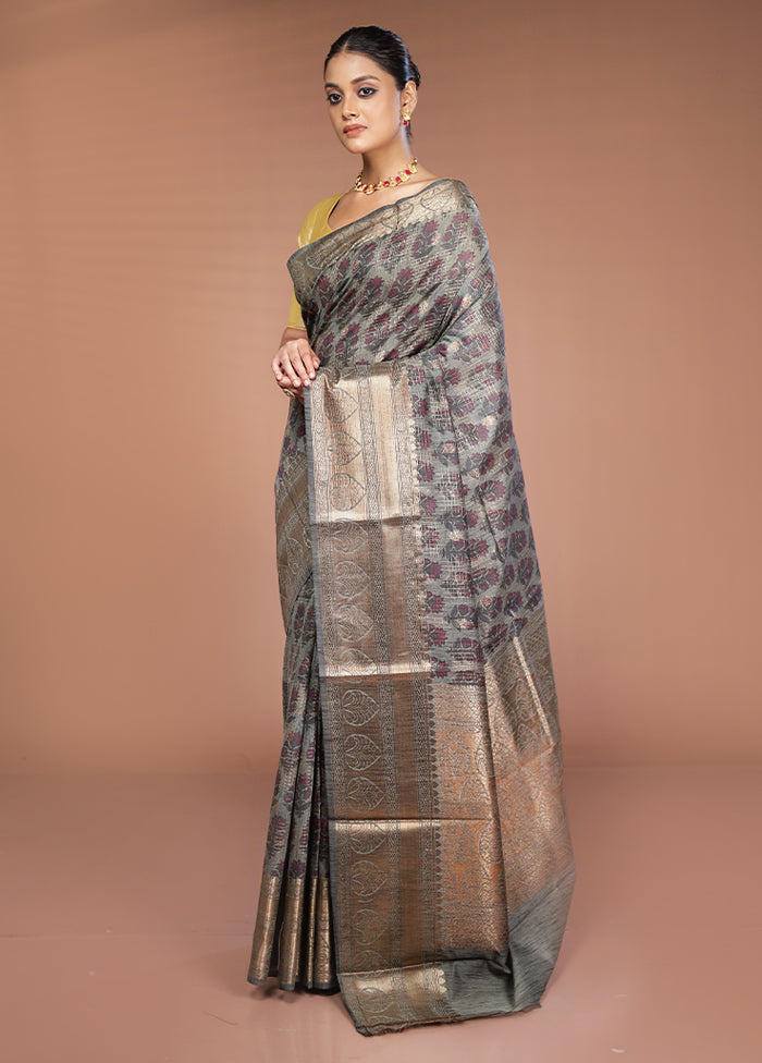 Grey Tussar Silk Saree With Blouse Piece