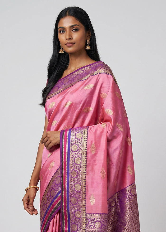 Pink Handloom Katan Pure Silk Saree With Blouse Piece