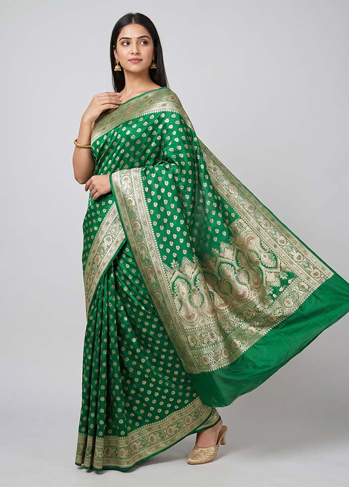 Green Handloom Banarasi Pure Silk Saree With Blouse Piece