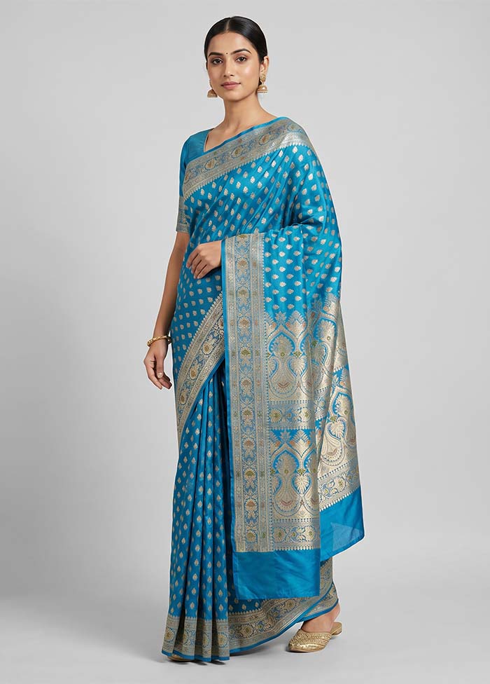 Blue Handloom Banarasi Pure Silk Saree With Blouse Piece