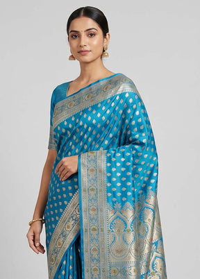 Blue Handloom Banarasi Pure Silk Saree With Blouse Piece