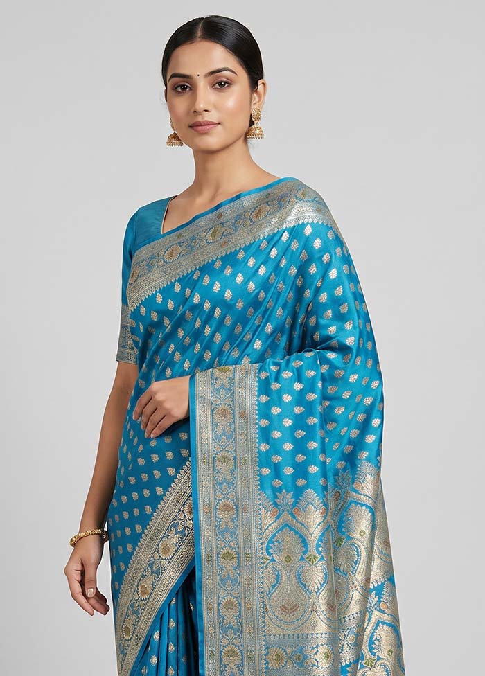 Blue Handloom Banarasi Pure Silk Saree With Blouse Piece