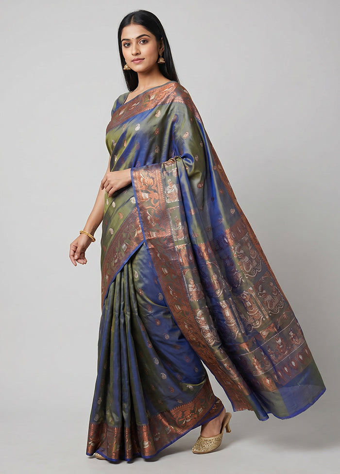 Grey Handloom Baluchari Pure Silk Saree With Blouse Piece