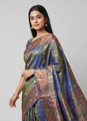 Grey Handloom Baluchari Pure Silk Saree With Blouse Piece