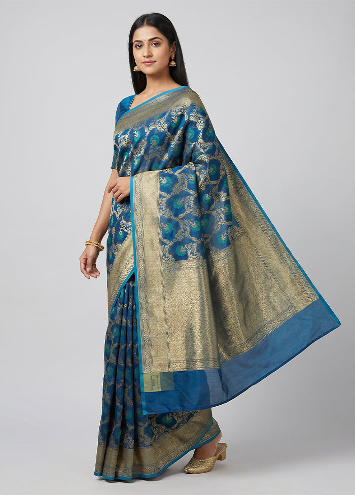 Blue Kora Silk Saree With Blouse Piece