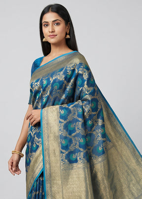 Blue Kora Silk Saree With Blouse Piece