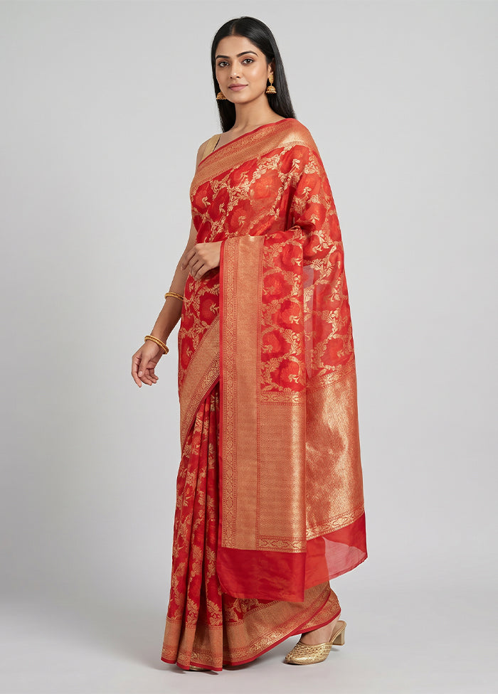 Red Kora Silk Saree With Blouse Piece