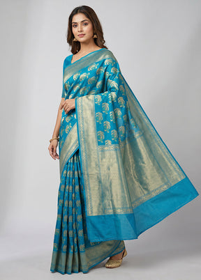 Blue Kora Silk Saree With Blouse Piece
