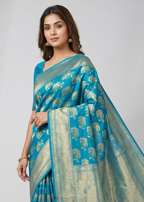 Blue Kora Silk Saree With Blouse Piece