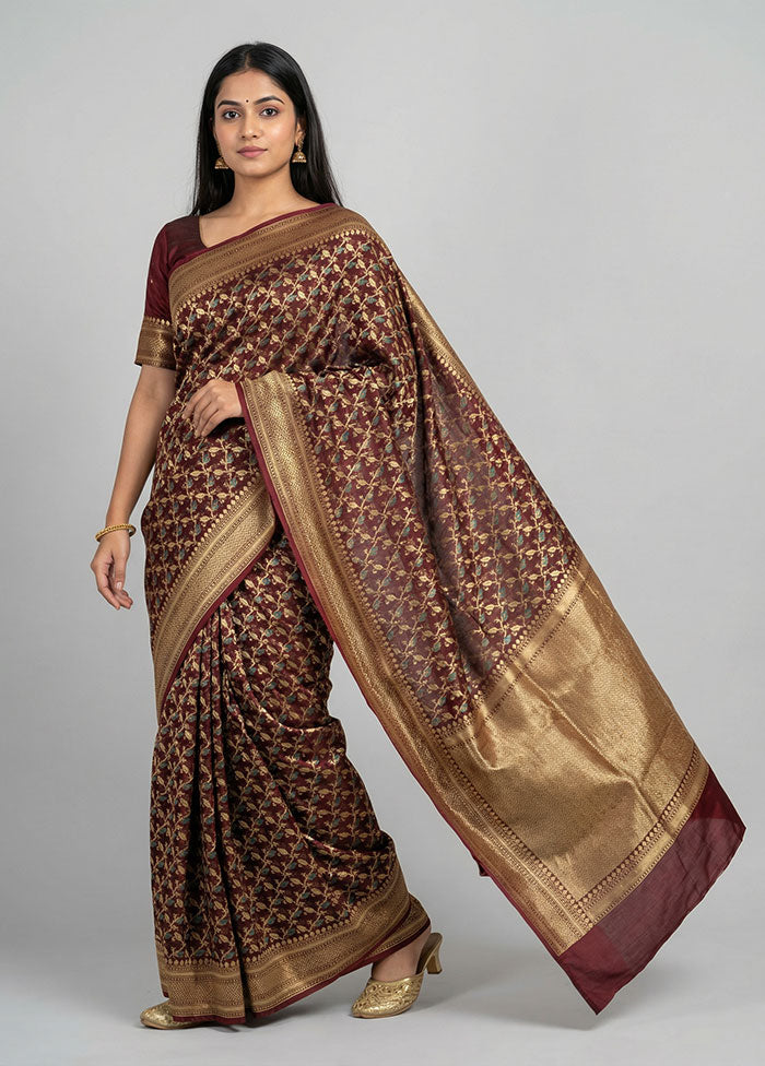 Maroon Kora Silk Saree With Blouse Piece