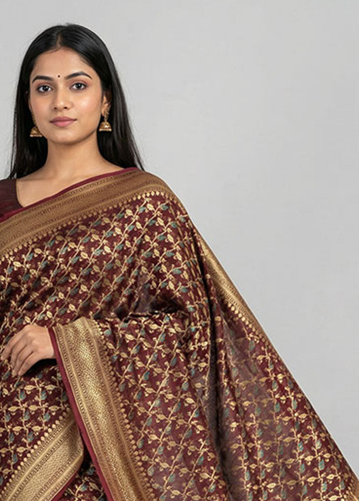 Maroon Kora Silk Saree With Blouse Piece