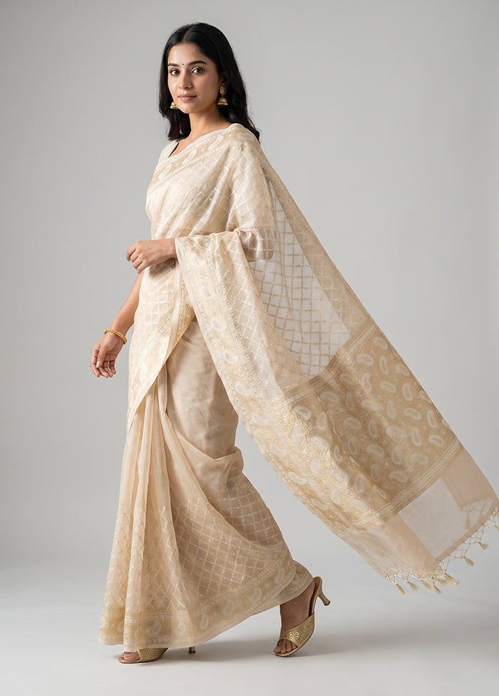 Cream Kora Silk Saree With Blouse Piece