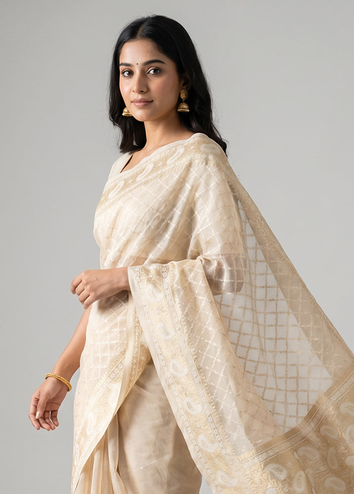 Cream Kora Silk Saree With Blouse Piece