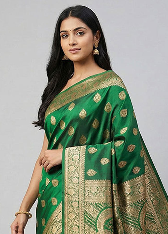 Green Banarasi Silk Saree With Blouse Piece