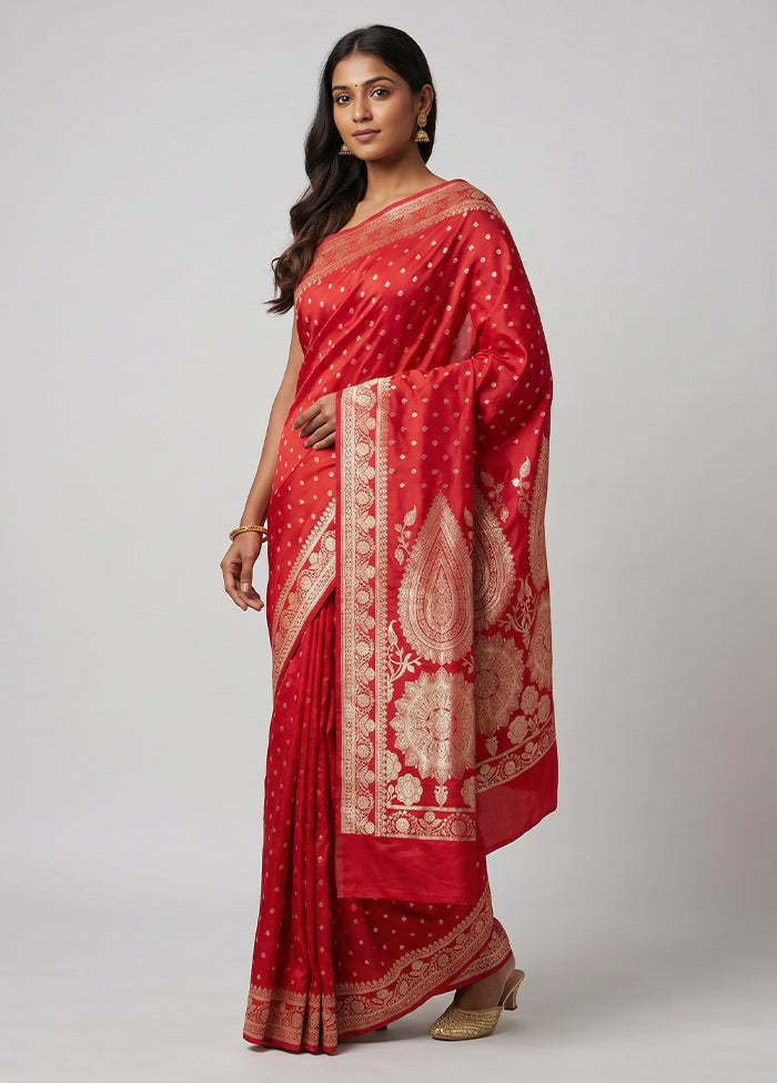 Red Banarasi Silk Saree With Blouse Piece