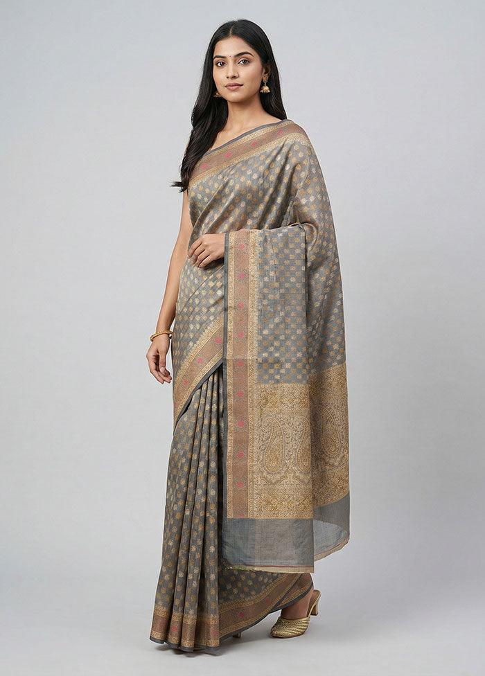 Grey Pure Cotton Saree With Blouse Piece
