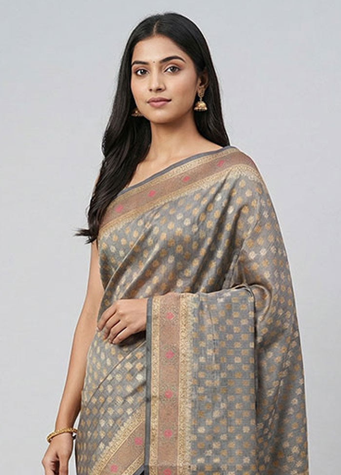 Grey Pure Cotton Saree With Blouse Piece