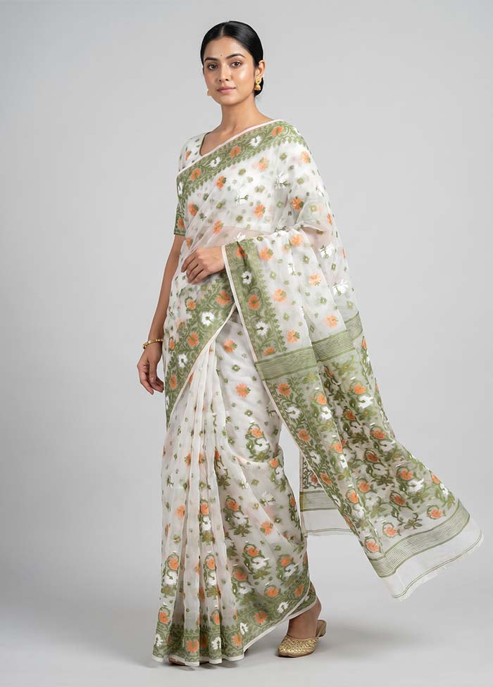 White Kora Silk Saree With Blouse Piece