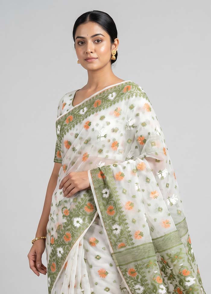 White Kora Silk Saree With Blouse Piece