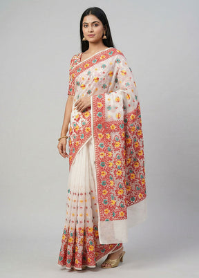 White Kora Silk Saree With Blouse Piece