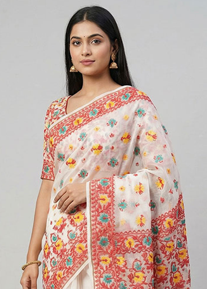 White Kora Silk Saree With Blouse Piece