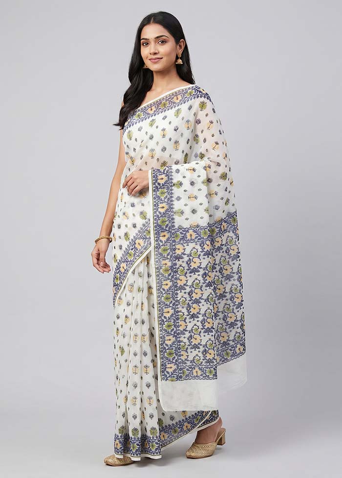 White Kora Silk Saree With Blouse Piece