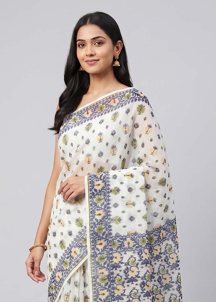 White Kora Silk Saree With Blouse Piece
