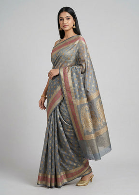Grey Pure Cotton Saree With Blouse Piece