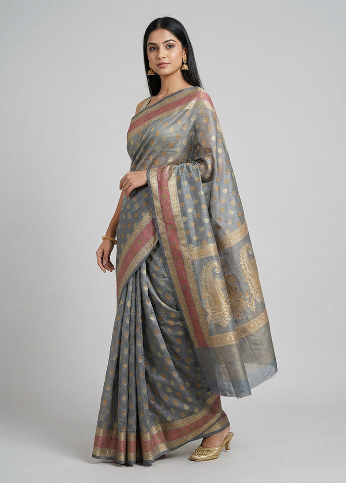 Grey Pure Cotton Saree With Blouse Piece