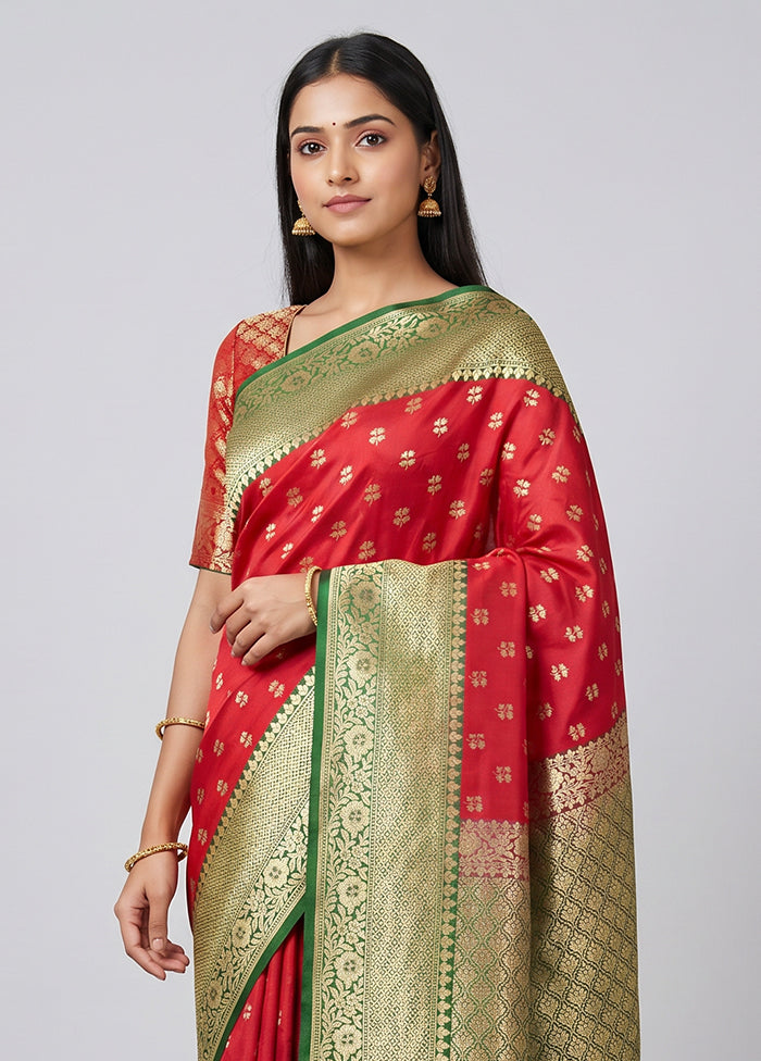 Red Dupion Silk Saree With Blouse Piece