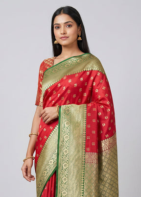 Red Dupion Silk Saree With Blouse Piece