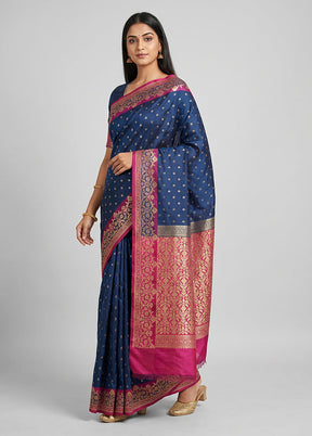 Blue Dupion Silk Saree With Blouse Piece