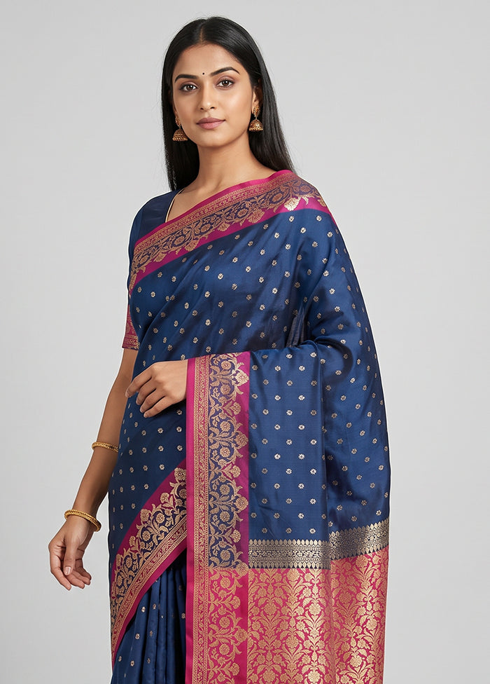 Blue Dupion Silk Saree With Blouse Piece