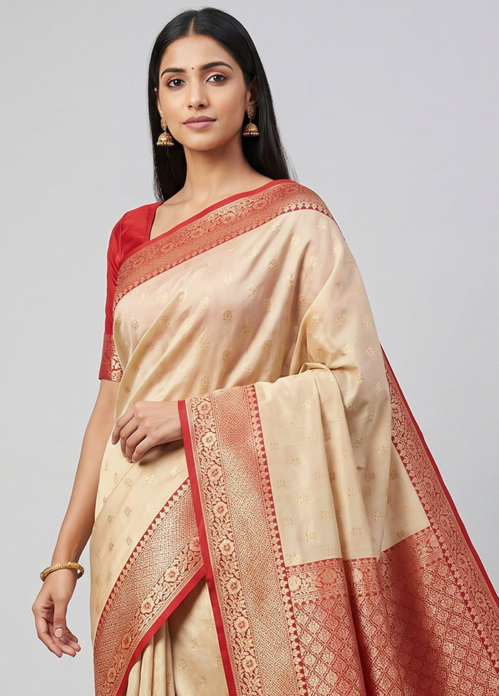 Cream Dupion Silk Saree With Blouse Piece