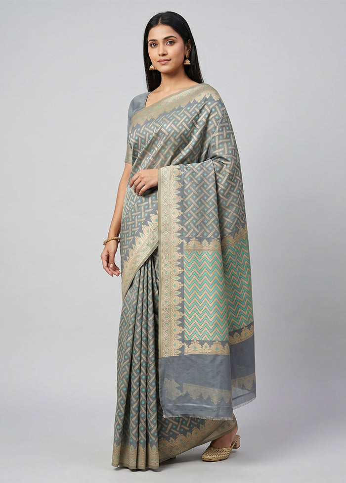 Grey Pure Cotton Saree With Blouse Piece