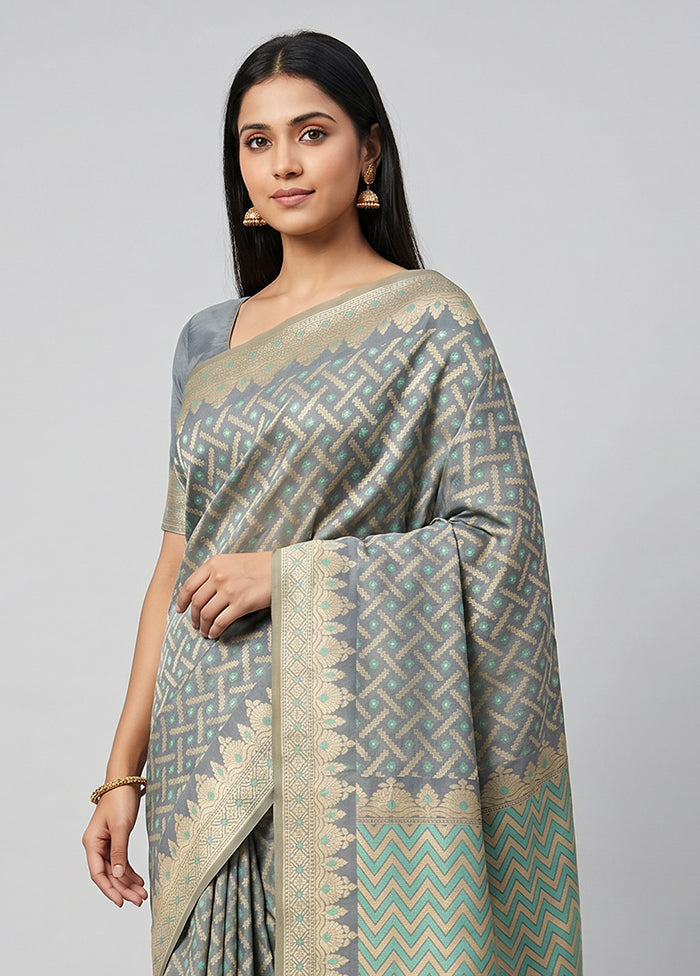 Grey Pure Cotton Saree With Blouse Piece