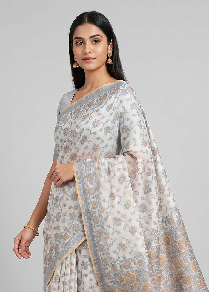 White Pure Cotton Saree With Blouse Piece