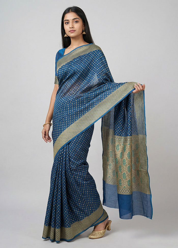 Blue Kora Silk Saree With Blouse Piece
