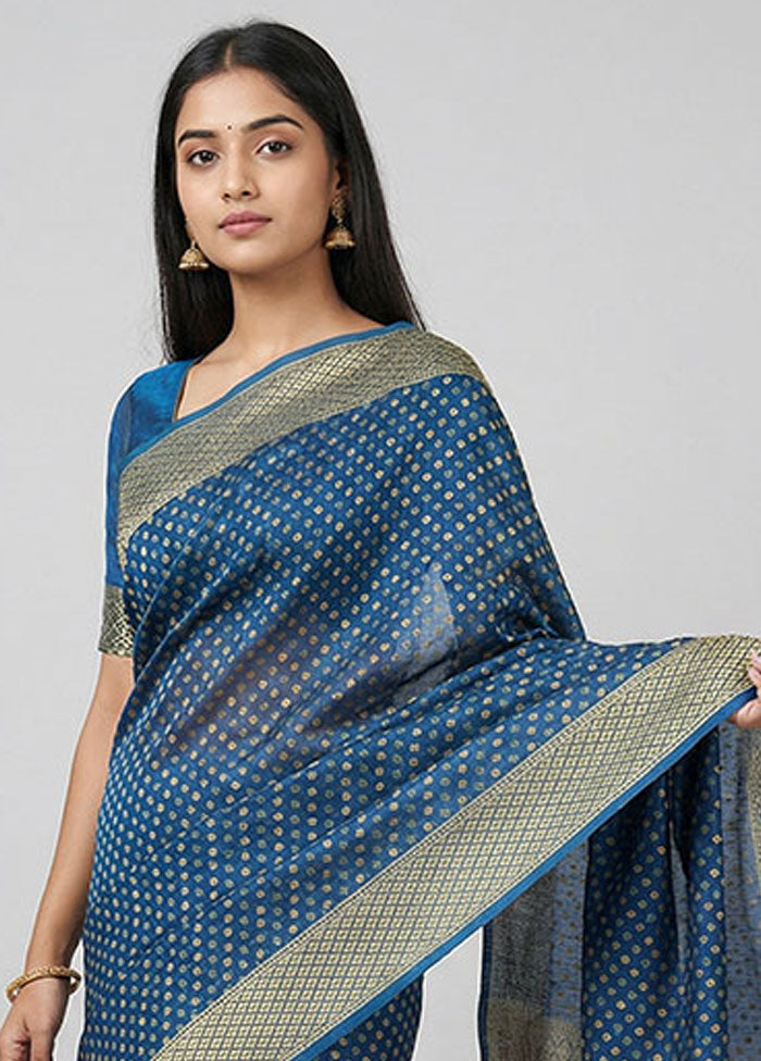Blue Kora Silk Saree With Blouse Piece