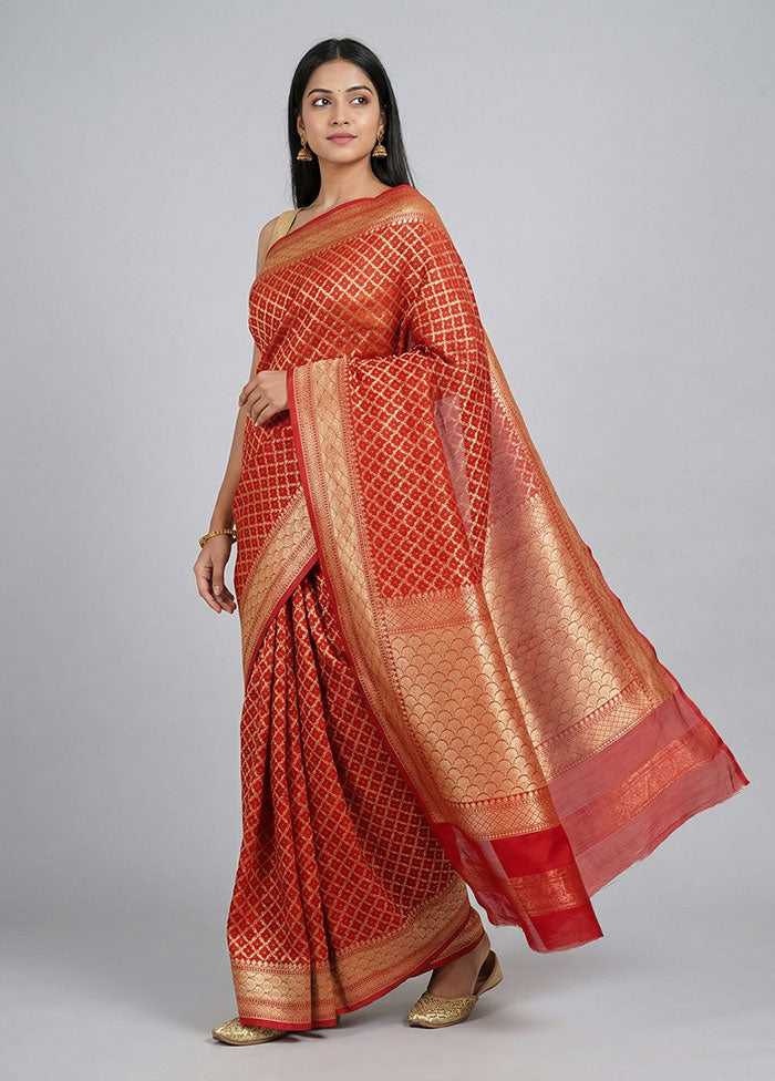 Red Kora Silk Saree With Blouse Piece