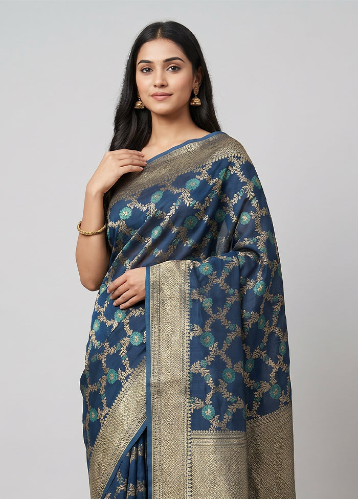 Blue Kora Silk Saree With Blouse Piece