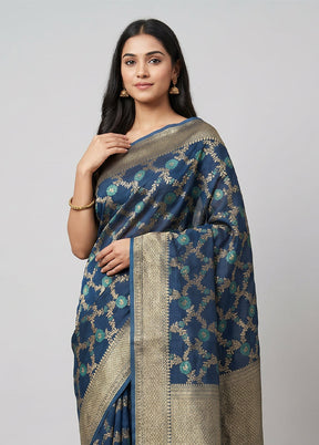 Blue Kora Silk Saree With Blouse Piece