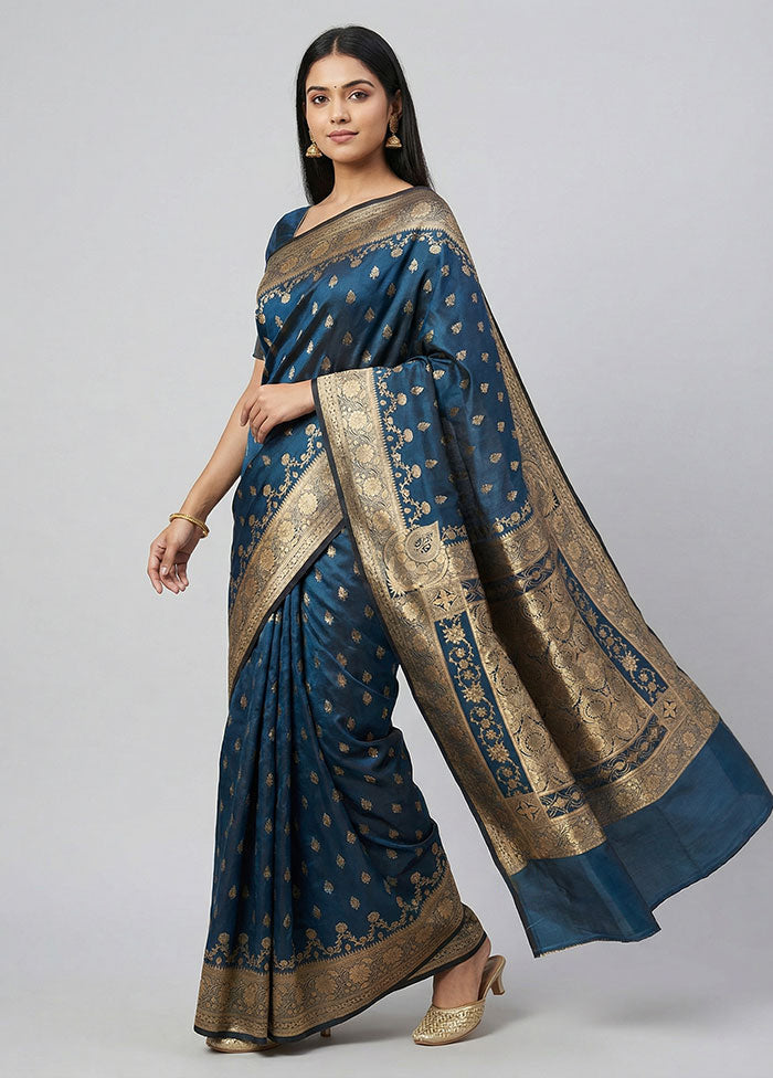 Blue Banarasi Silk Saree With Blouse Piece