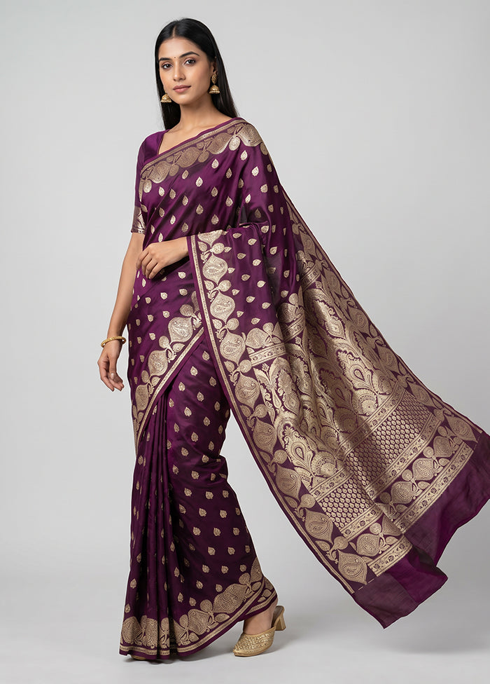 Purple Handloom Banarasi Pure Silk Saree With Blouse Piece