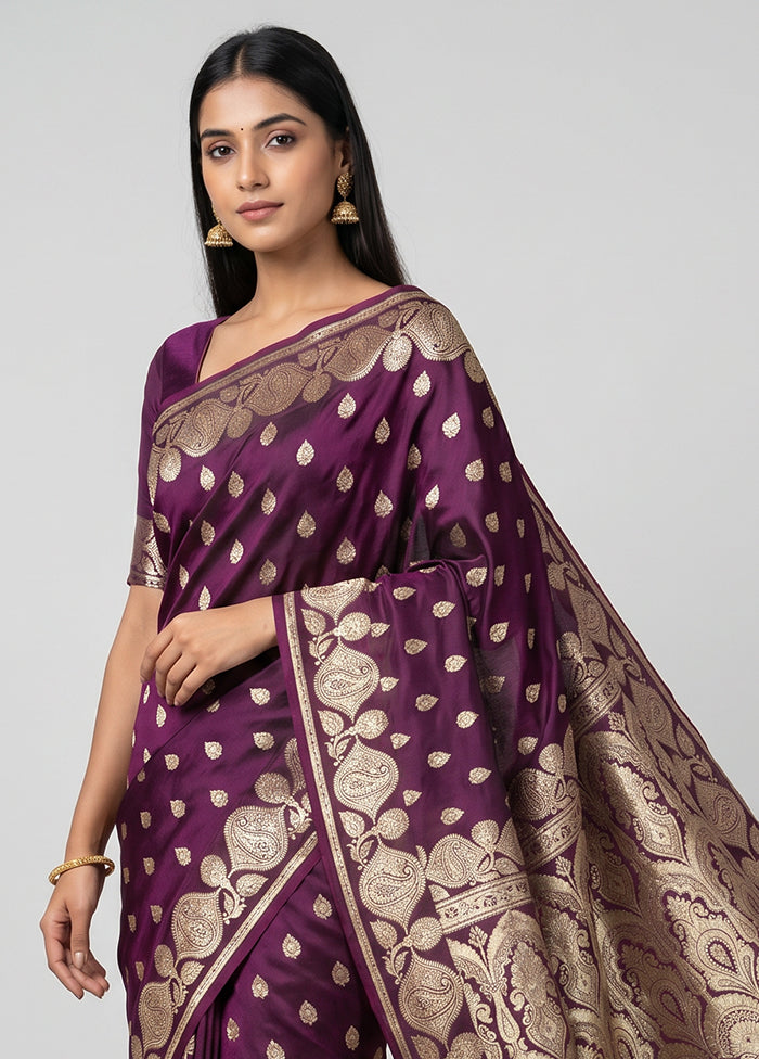 Purple Handloom Banarasi Pure Silk Saree With Blouse Piece