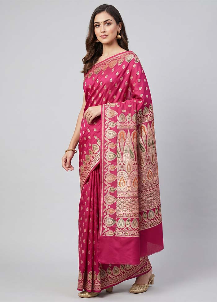 Pink Handloom Banarasi Pure Silk Saree With Blouse Piece