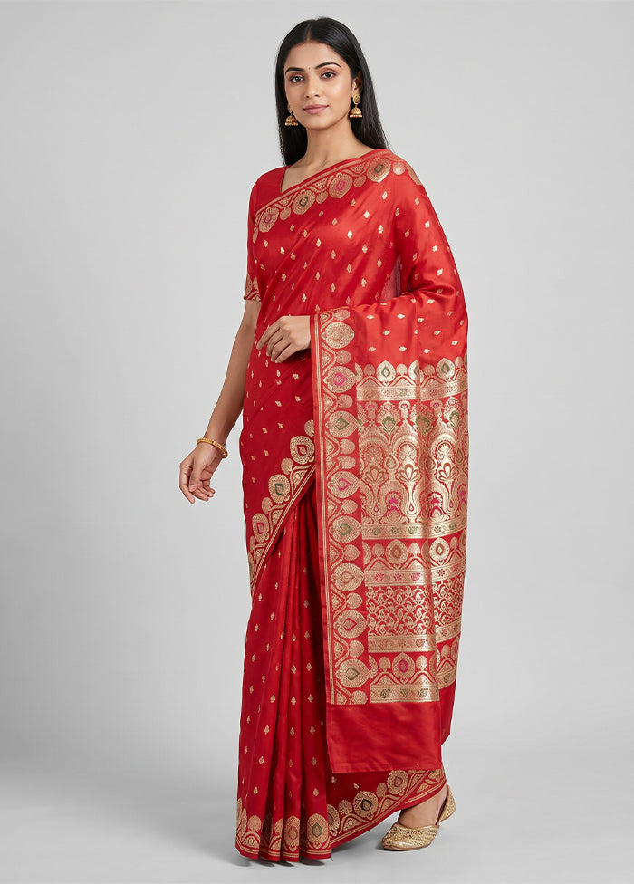 Red Handloom Banarasi Pure Silk Saree With Blouse Piece