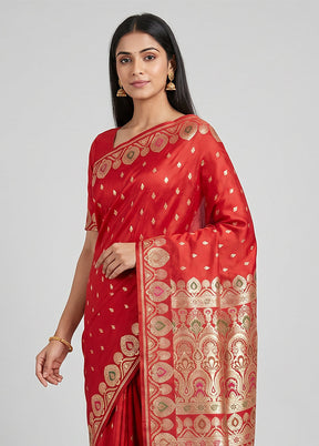 Red Handloom Banarasi Pure Silk Saree With Blouse Piece